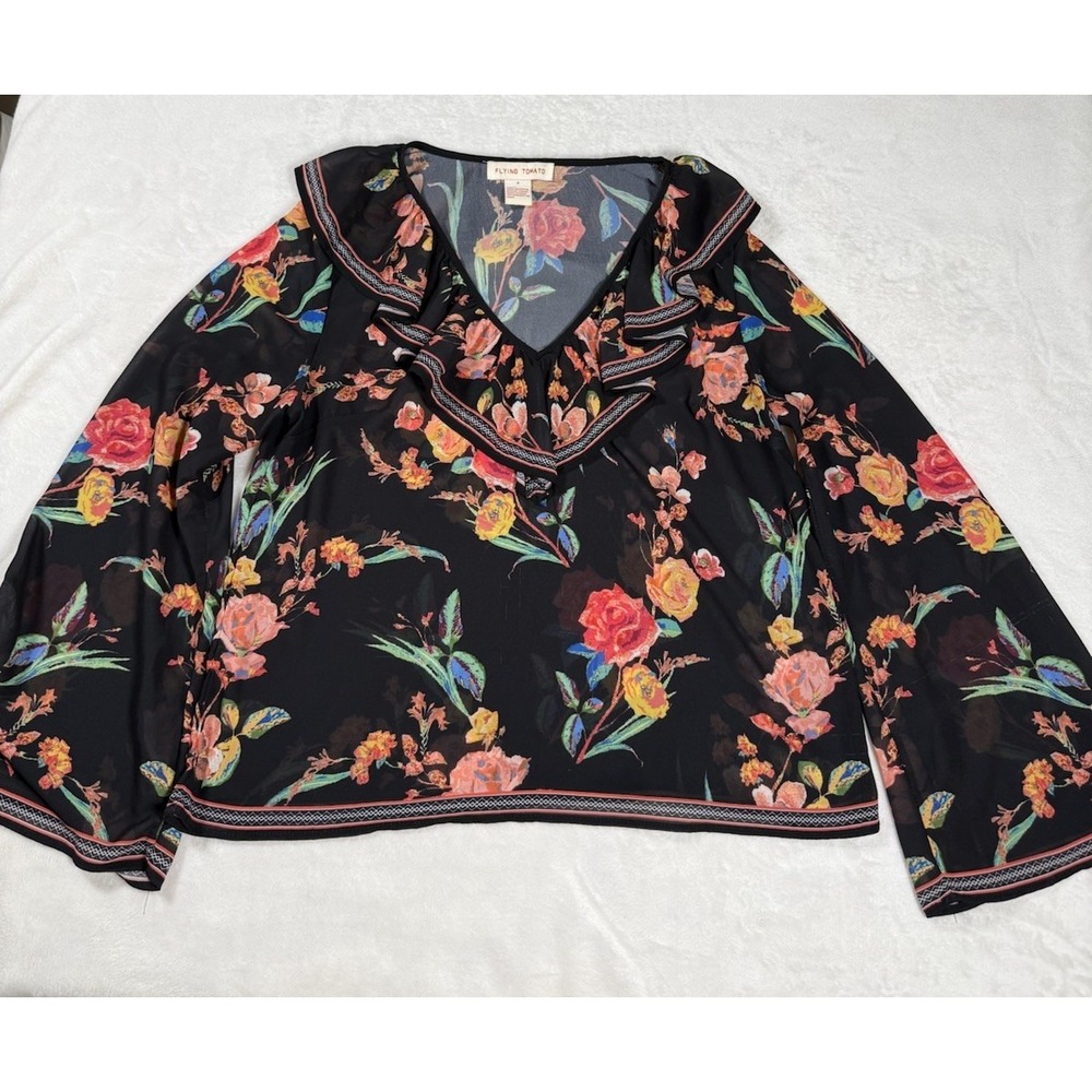 Flying Tomato Blouse Womens Small Black Floral Ruffle Bell Sleeve Boho Sheer Top